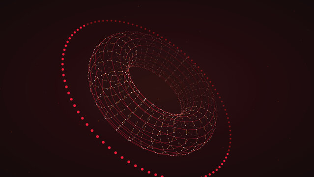 Complex geometric torus shape formed by red wireframe lines and dots in dark virtual space
