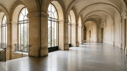 Obraz premium A long, arched corridor in a grand, classical building. The corridor features a series of tall, stone columns supporting large windows.
