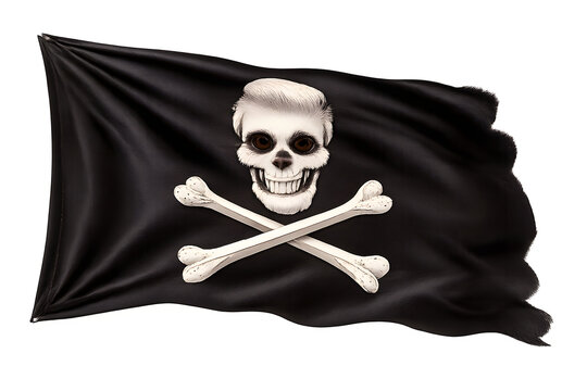 Waving pirate flag with skull wearing classic pompadour hairstyle and crossbones on black background