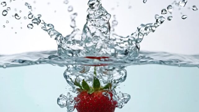 Fresh Strawberry Splashing into Clear Water