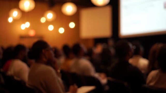 Blurred image of people attending a conference or presentation with a projector screen in the background