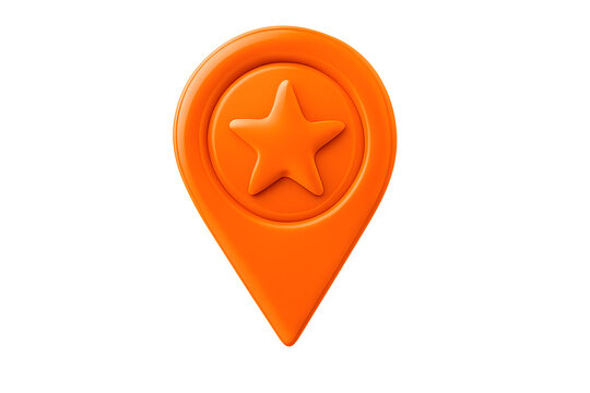 Orange 3D Map Pin Point Icon with Star, Location Marker Symbol, Isolated on Transparent Background