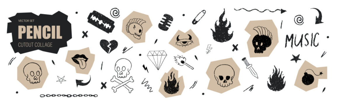 Punk scribble doodle. Cut out emo art. Charcoal skull scrapbook stickers. Chalk scribble notes and punk inspired chaos.