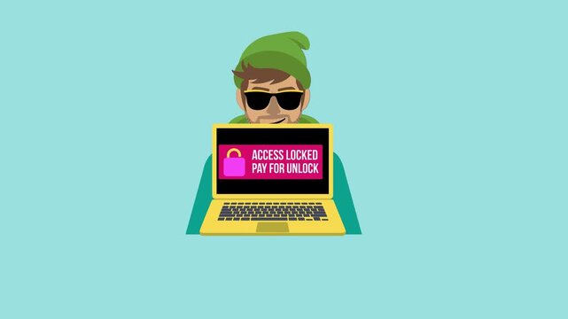 Cartoon hacker with laptop displaying access locked message. 4K Video