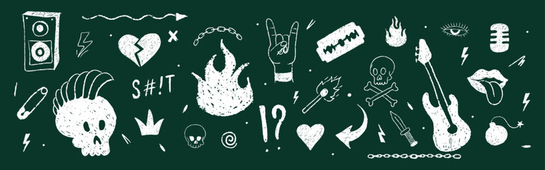 Retro punk music art. Charcoal school doodles on blackboard background. Vector crayon sketchbook skulls. Ink wax textures and wild music notes. © KeronnArt