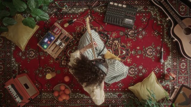 Top view of young woman with curly hair in headphones playing electric guitar while sitting on retro-style rug, surrounded by music production equipment such as mixing consoles, amplifiers and mics