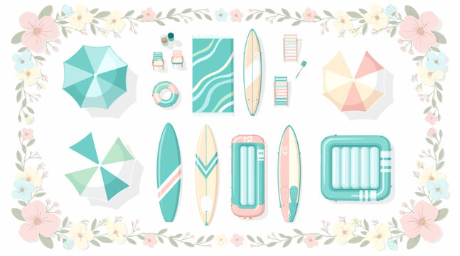 Summer beach objects and surfboards with floral border