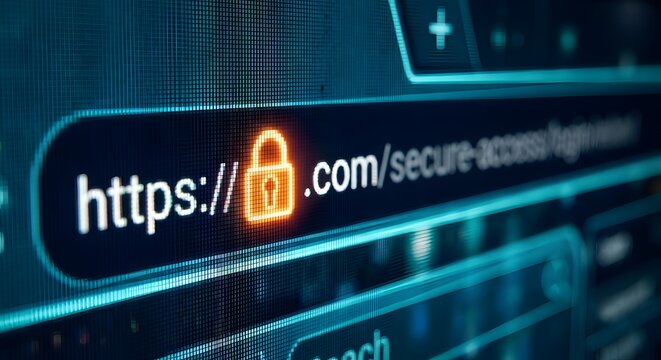 Secure HTTPS Web Browser Address Bar with Glowing Padlock Icon on Cyber Security Digital Screen