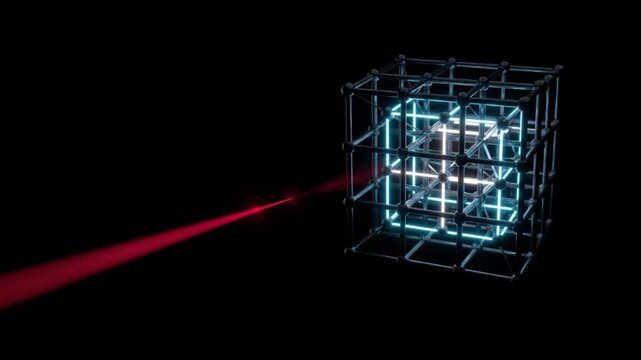 量子テレポーテーションによるサイバー攻撃の回避とデータ構造の再構築を示す抽象的CGアニメーション