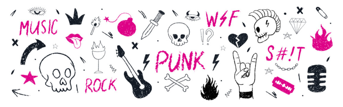 Hand drawn punk music illustration. Crayon black and pink skull shapes. Ink scribble notes and bold guitar chaos. Emo Vector illustration.