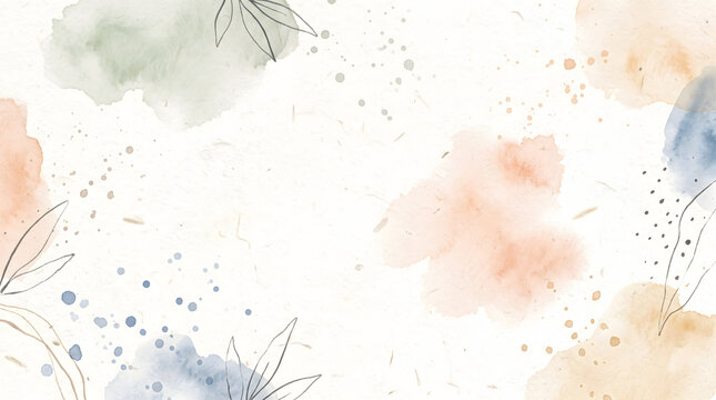 Soft pastel watercolor background with minimalist leaf line art and elegant brush strokes for aesthetic PowerPoint presentations