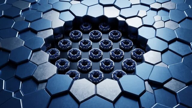 氷に包まれた細胞膜が割断され核膜孔が現れる極低温状態の抽象的CGアニメーション