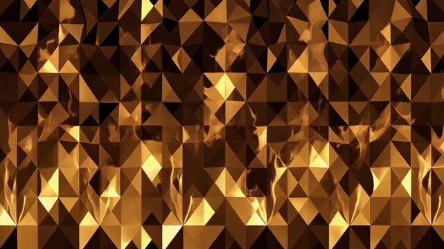 Abstract Golden Geometric Low Poly Pattern with Flaming Fire Animation
