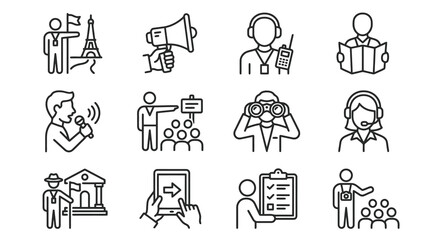 Fototapeta premium Sleek Black and White Line Icons Set Featuring Tourist Guides Communication and Event Management Activities
