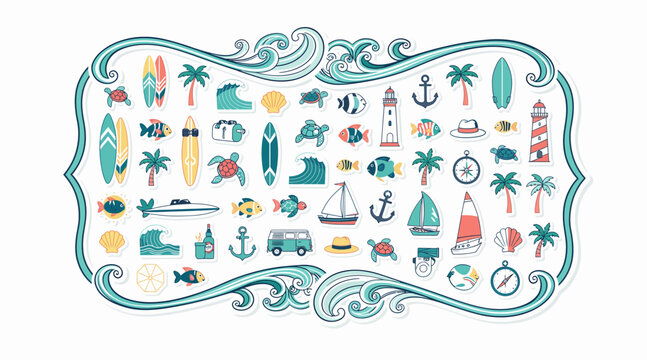 Summer Beach & Nautical Icons Set: Surfboards, Palms, Lighthouses, Boats, Fish
