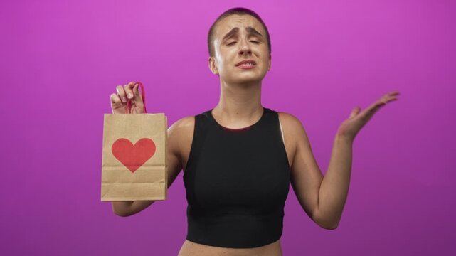 Woman with buzzcut holding a brown paper bag printed with a red heart, hand raised in pleading gesture while presenting the gift in a studio; longing apology.