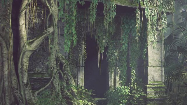 hanging vines over ancient archway opening into darkness, trailing tendrils and dripping lichen frame weathered stone, scene feels cinematic and moody