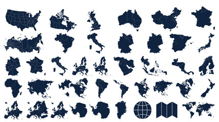Collection of world maps and continents in dark blue on for global navigation and geography © TAHSIN