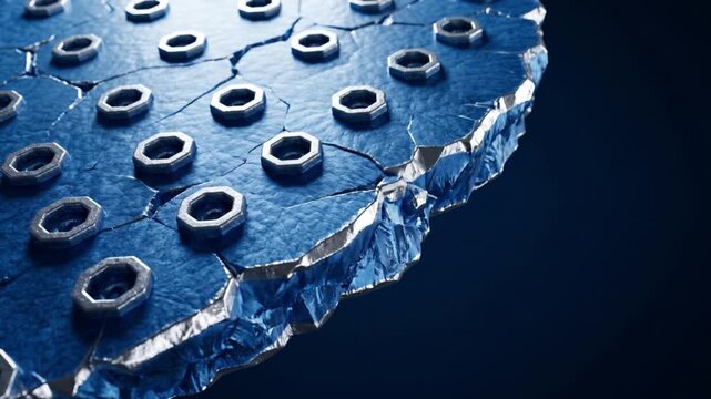 氷に包まれた細胞膜が割断され核膜孔が現れる極低温状態の抽象的CGアニメーション