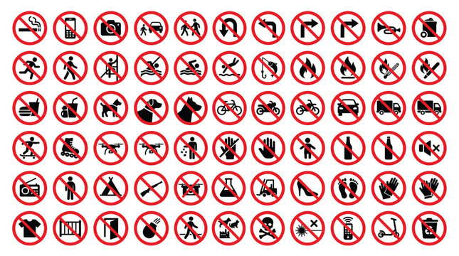 Collection of red circle prohibition signs with various black icons