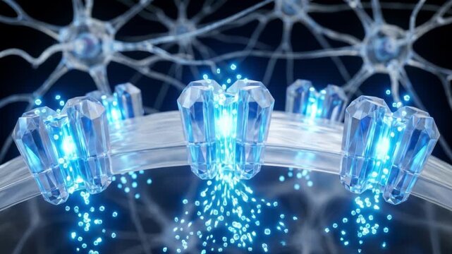 光遺伝学による神経細胞膜の活性化とイオンチャネル開閉を示す抽象的CGアニメーション