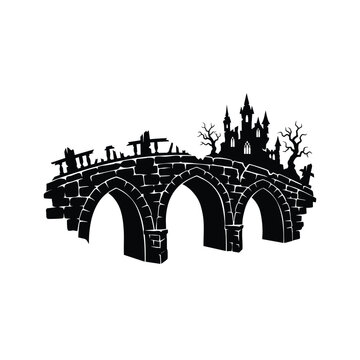 Black silhouette of old crumbling stone bridge leading to haunted castle.