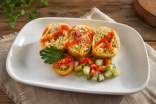 Creative presentation of Indonesian fried rice egg roll (nasi goreng gulung telur) sliced into bite-sized portions and served on a white plate with vegetable garnish and chili sauce.	