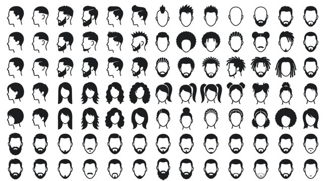Collection of diverse human face silhouettes with various hairstyles and beards