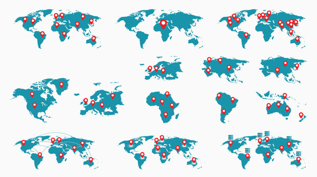 Collection of world maps with red location pins on for global navigation and travel concepts