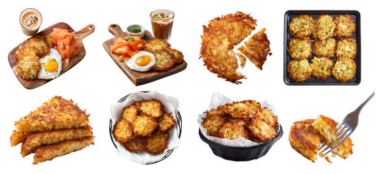 Set of golden rostis rooschti, crispy grated potatoes pancakes, on fork, serving board with smoked salmon egg coffee, wire basket, baking tray, stack pile broken bitten, transparent cutout PNG mockup