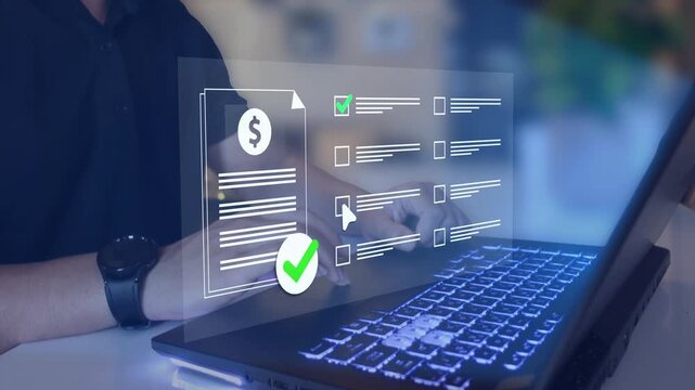 Financial approval management concept. Finance and approval workflow icons, budget authorization, expense control and financial governance.