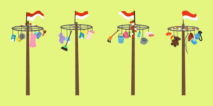A collection of panjat pinang slippery poles decorated with hanging prizes, flags, and traditional Indonesian celebration elements. Vector illustration