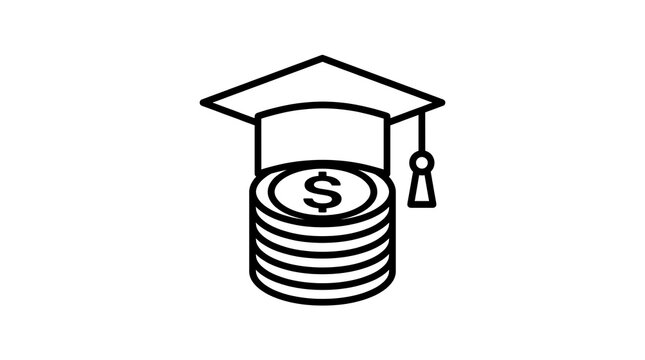 Minimalist line icon of a graduation cap sitting on a stack of coins representing the high cost of education and student loan debt