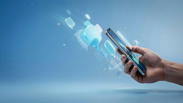 Hand holding a generic smartphone with floating holographic communication graphics on a clean blue background, representing AI powered messaging, digital assistance, and smart connectivity