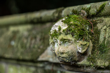 Obraz premium Ancient stone cherub head sculpture, carved into a wall or pillar, showcasing extensive weathering and overgrowth of vibrant green moss, symbolizing time, nature's reclaim, and forgotten beauty