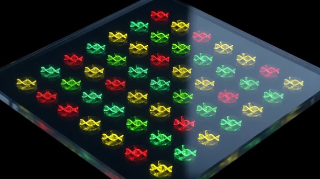 DNAマイクロアレイにおけるハイブリダイゼーションと蛍光発光を示す抽象的CGアニメーション