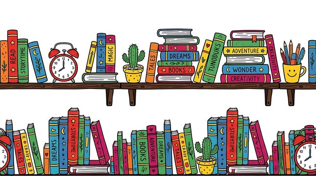 Seamless pattern of colorful hand drawn bookshelves with books, alarm clocks, and potted cactus for library or education design