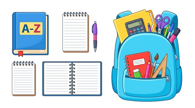 Blue school backpack filled with colorful stationery supplies and notebooks for student education on a white background