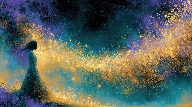 Growth mindset concept showing a silhouetted woman transforming into golden stardust against a cosmic backdrop, symbolizing continuous learning and expanding horizons.