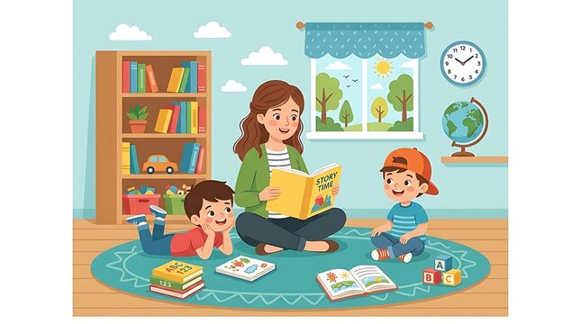 Young mother reading a storybook to her two small sons in a cozy home playroom with a bookshelf and educational toys
