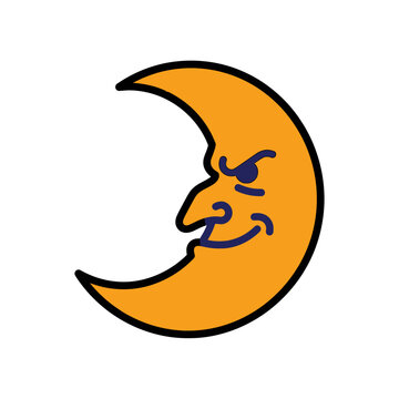 Cartoon Orange Crescent Moon with Smiling Face.