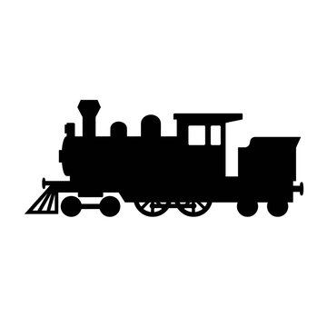 Classic steam locomotive silhouette on rails and tracks.