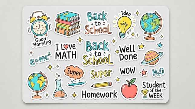 Set of colorful hand-drawn school stickers featuring education icons, motivational text, and academic supplies for classroom decor