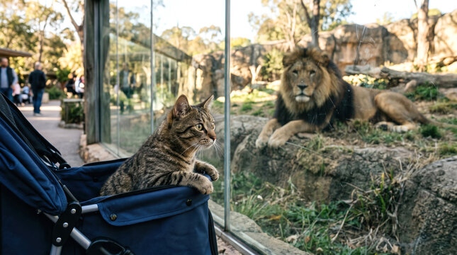 Domestic tabby cat looking at a lion through zoo glass