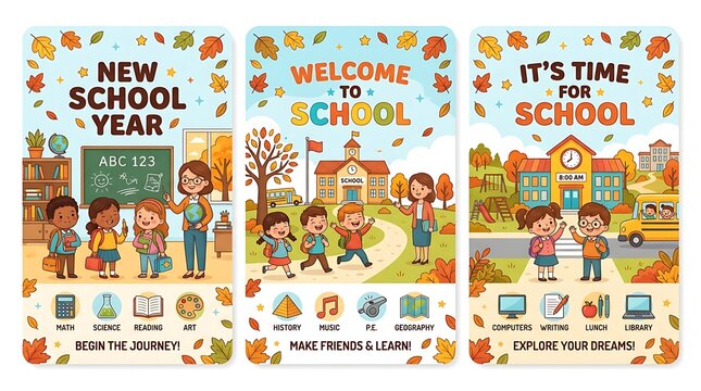 Set of three colorful back to school vertical banners with diverse students, teacher, classroom, school building and educational icons