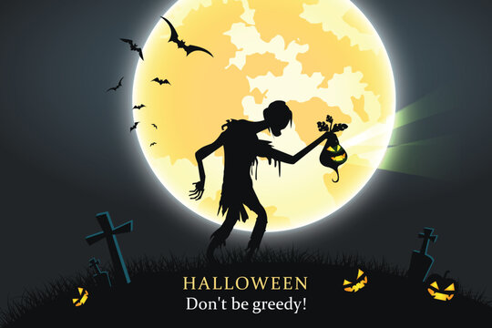 Halloween silhouette holding candy with moon background