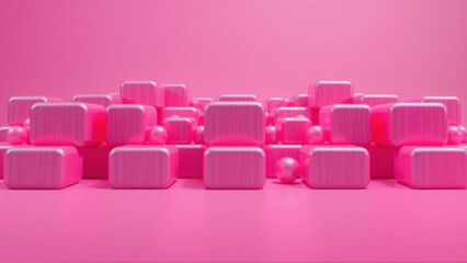 Obraz premium Pink blocks, spheres fill space. Minimalist composition, vibrant color, modern aesthetic. Smooth surfaces, geometric shapes dominate scene.