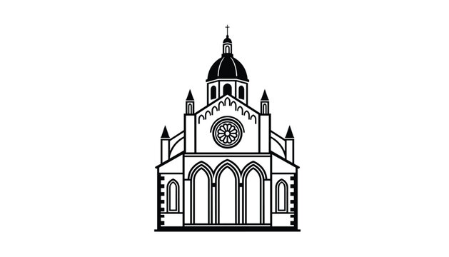 Classic church building outline vector illustration depicts a historical cathedral with a dome and a cross on top.