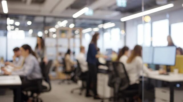 A blurred office environment with people working at desks and computers, showcasing a modern workspace