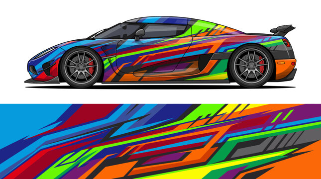 Colorful sports car with vibrant abstract paint design.